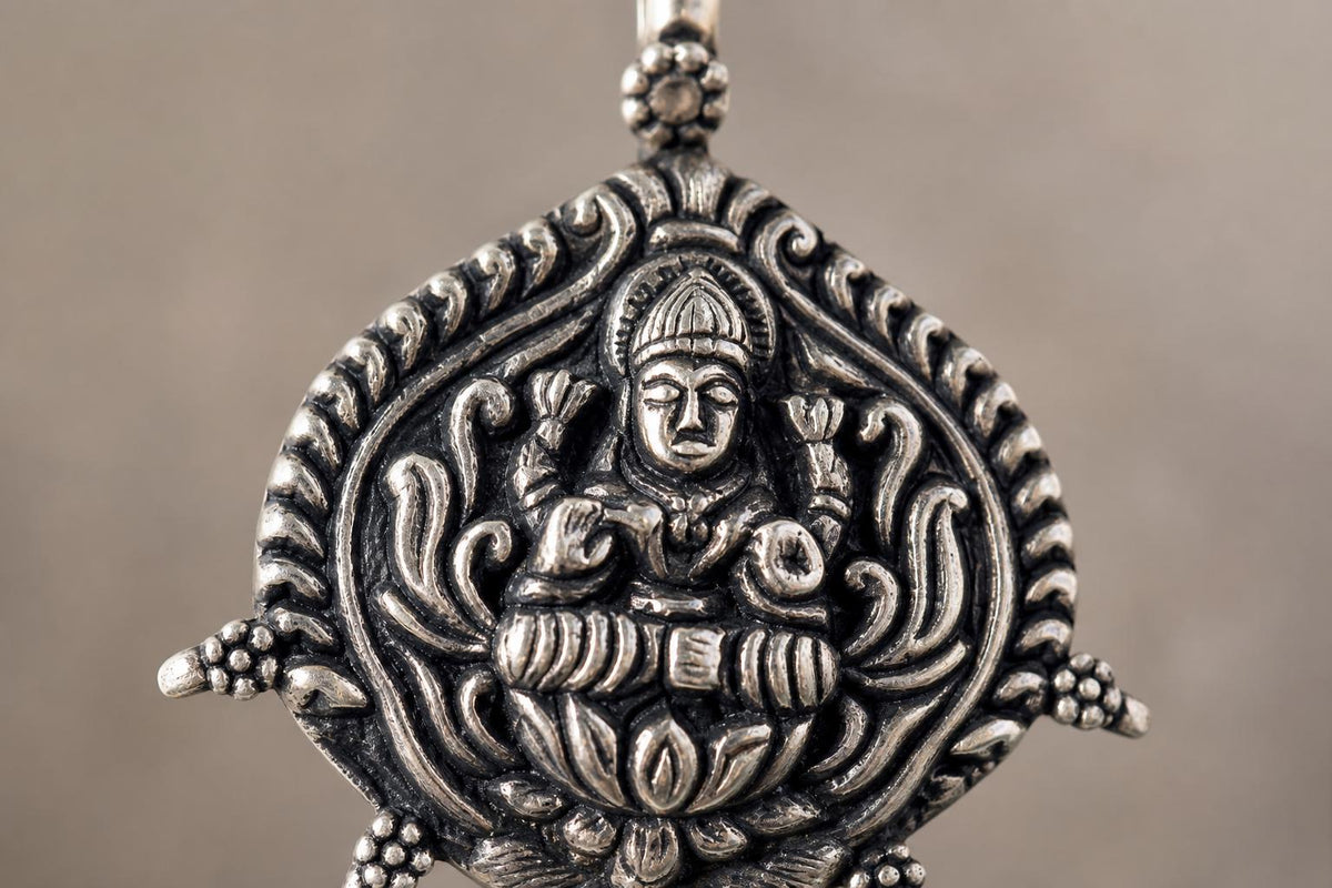 925 Sterling Silver Lakshmi Pendant  Oxidized Vintage Goddess Lakshmi  Hindu Spiritual Jewelry  Lotus Prosperity Amulet  Gift for Her