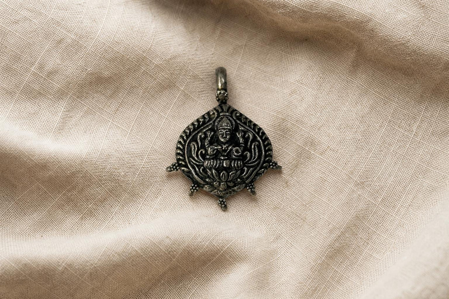 925 Sterling Silver Lakshmi Pendant  Oxidized Vintage Goddess Lakshmi  Hindu Spiritual Jewelry  Lotus Prosperity Amulet  Gift for Her