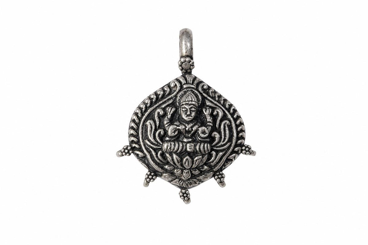 925 Sterling Silver Lakshmi Pendant  Oxidized Vintage Goddess Lakshmi  Hindu Spiritual Jewelry  Lotus Prosperity Amulet  Gift for Her