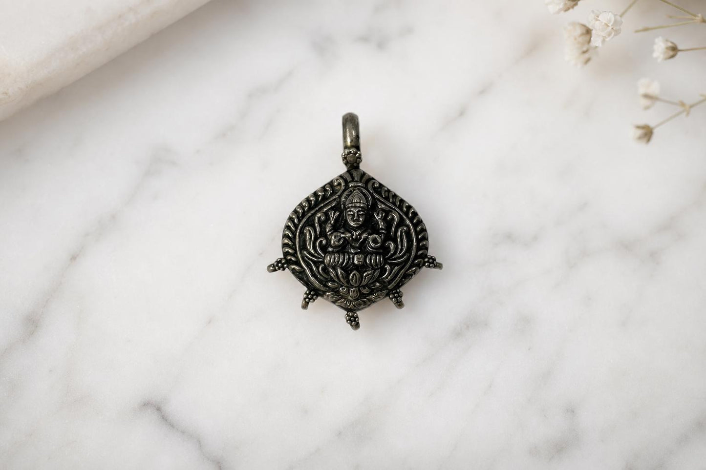 925 Sterling Silver Lakshmi Pendant  Oxidized Vintage Goddess Lakshmi  Hindu Spiritual Jewelry  Lotus Prosperity Amulet  Gift for Her
