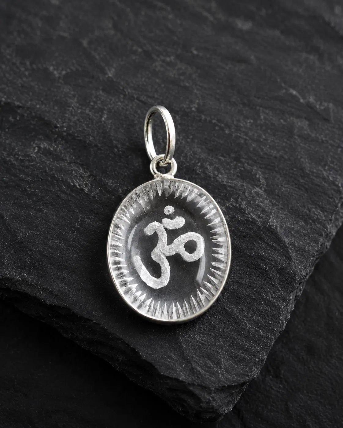 Om Sphatik Crystal Pendant • Clear Quartz Talisman Necklace • Hand Engraved Aum Spiritual Jewelry • Meditation Gift • Indian Jewelry • Hindu