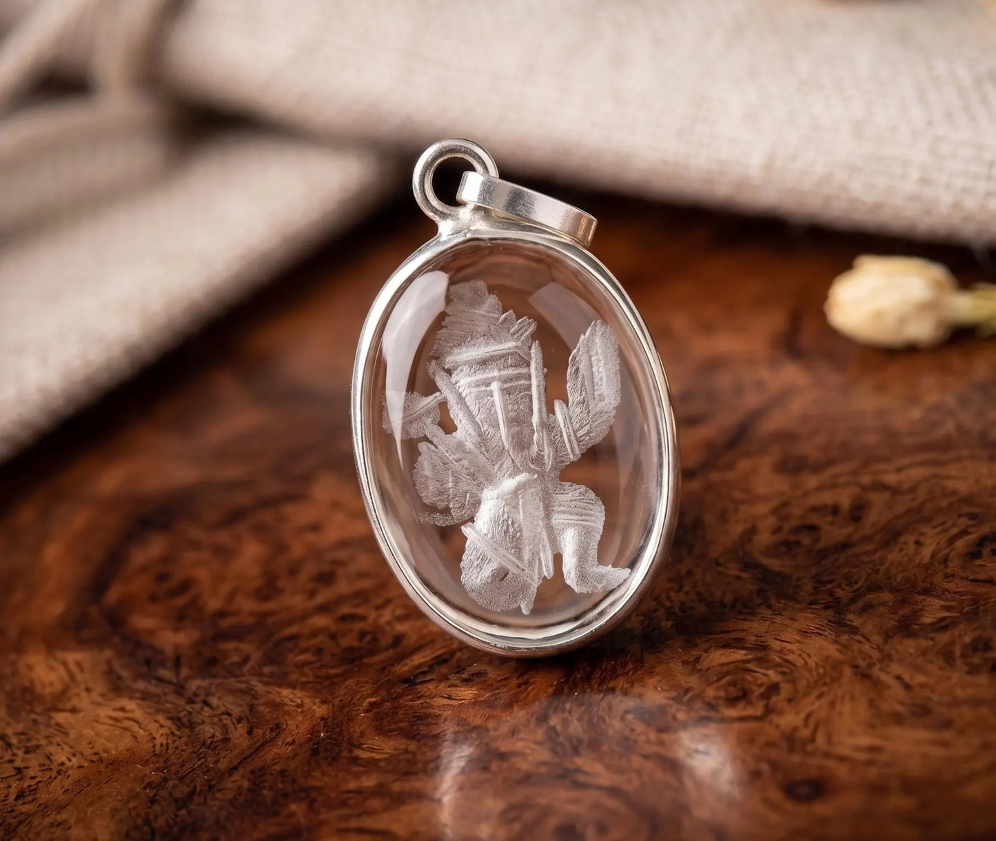 Lord Hanuman Pendant • Sphatik Crystal Pendant • Clear Quartz Spiritual Necklace • Hindu Protection Amulet Gift • Engraved Hanuman Pendant