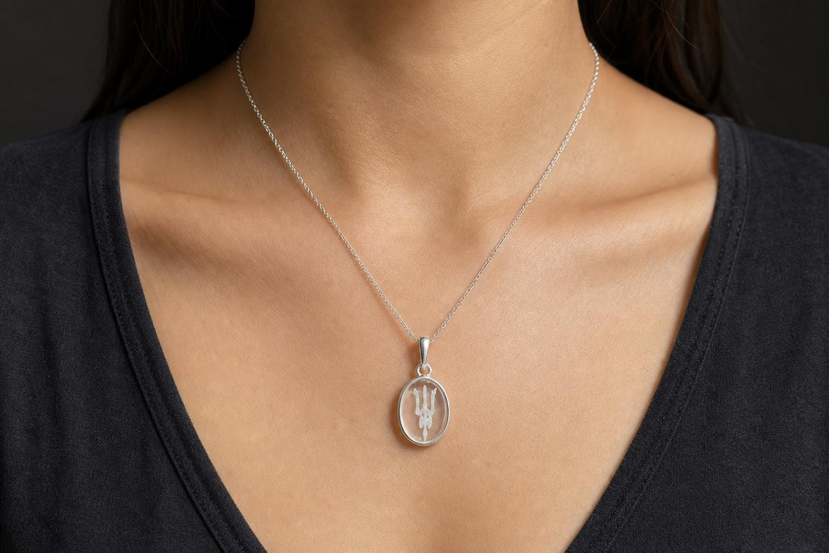 Encarved Sphatik Trishula Pendant  Clear Quartz Shiva Trident Crystal  Lord Shiva Spiritual Jewelry  Hindu Crystal Pendant   Yoga Gift