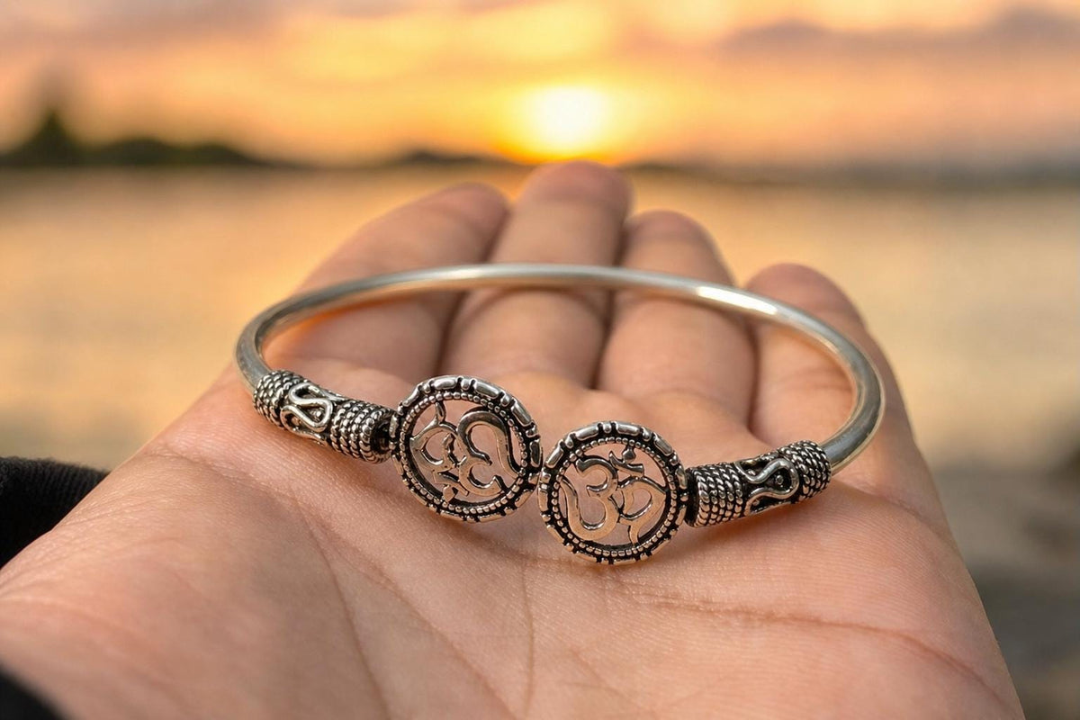 925 Sterling Silver Om Bangle  Oxidized Vintage Spiritual Adjustable Om Kada Cuff Bracelet  Hindu Indian Yoga Jewelry  Gift for Her Women