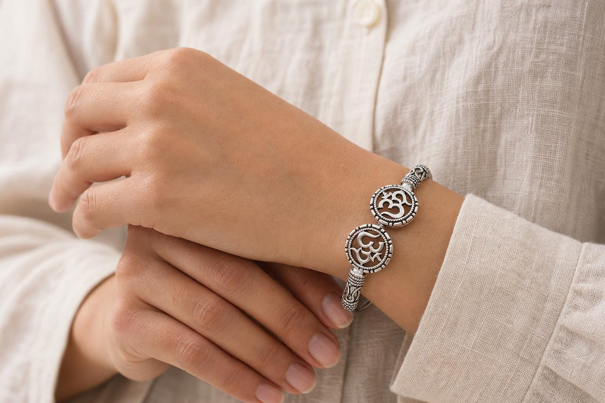 925 Sterling Silver Om Bangle  Oxidized Vintage Spiritual Adjustable Om Kada Cuff Bracelet  Hindu Indian Yoga Jewelry  Gift for Her Women