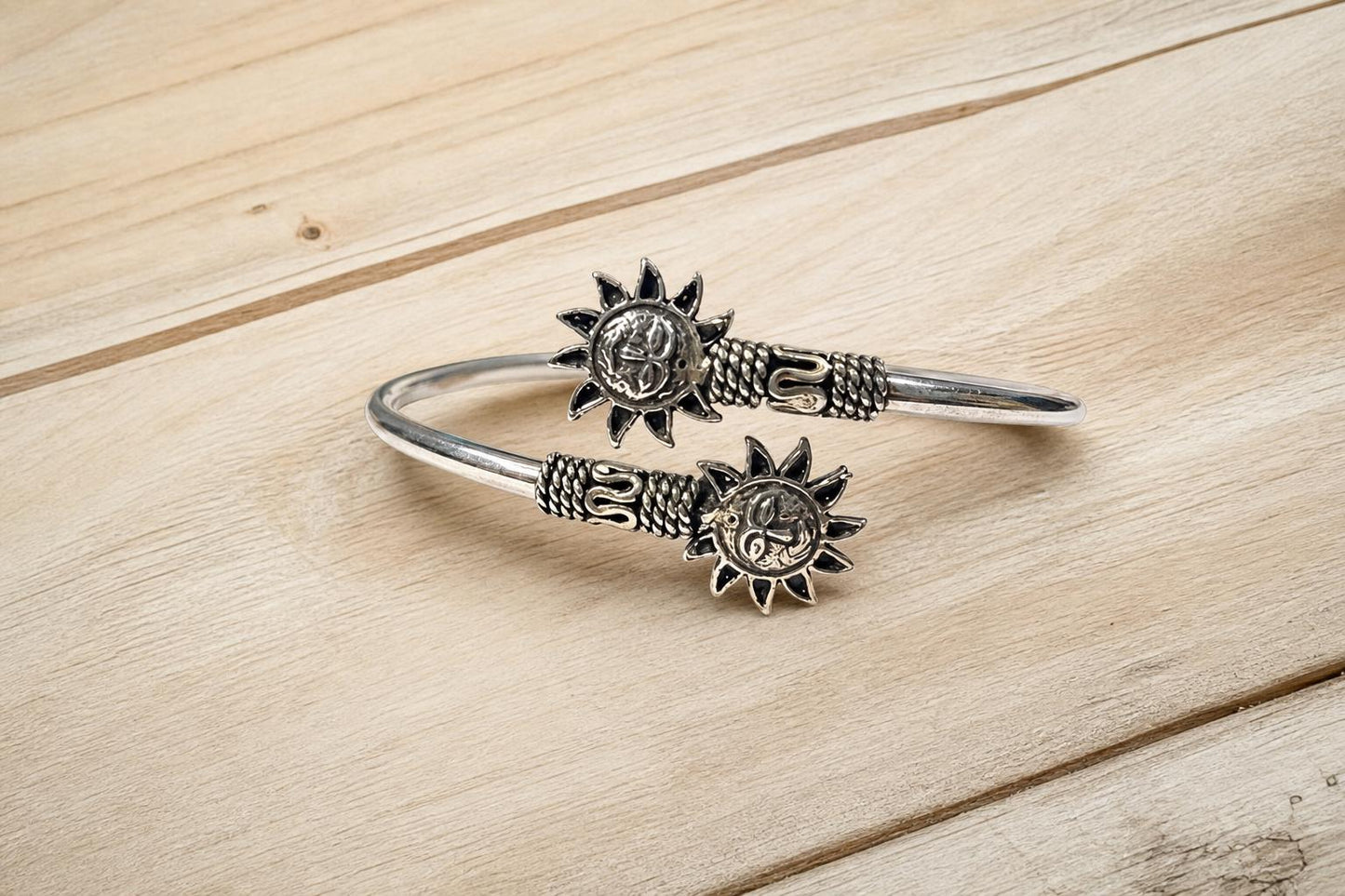 925 Sterling Silver Sun Bangle  Oxidized Vintage Celestial Sun Face Adjustable Cuff Bracelet  Boho Spiritual Jewelry  Gift for Her Women