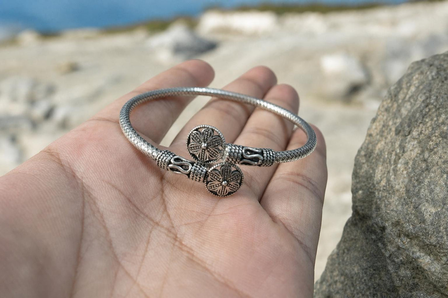 925 Sterling Silver Sun Bangle  Oxidized Vintage Sunburst Floral Cuff  Boho Celestial Jewelry  Gift for Mom  Indian Silver Bangles