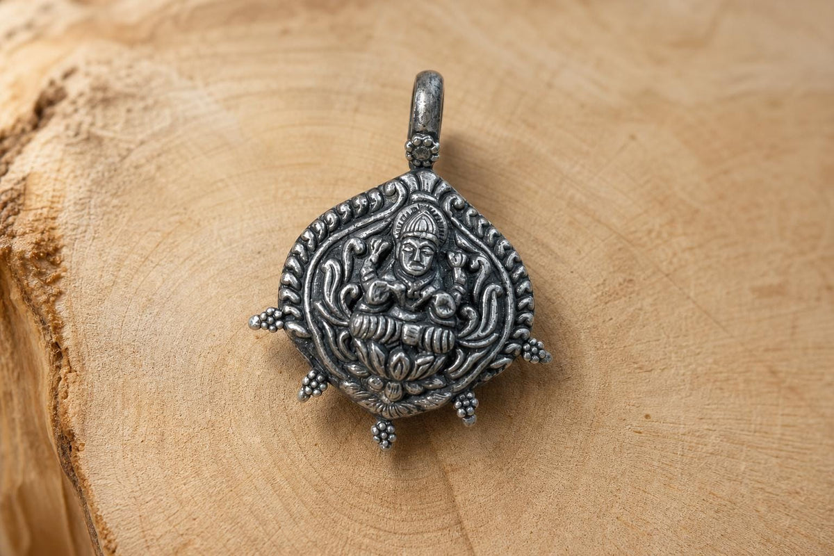 925 Sterling Silver Lakshmi Pendant  Oxidized Vintage Goddess Lakshmi  Hindu Spiritual Jewelry  Lotus Prosperity Amulet  Gift for Her