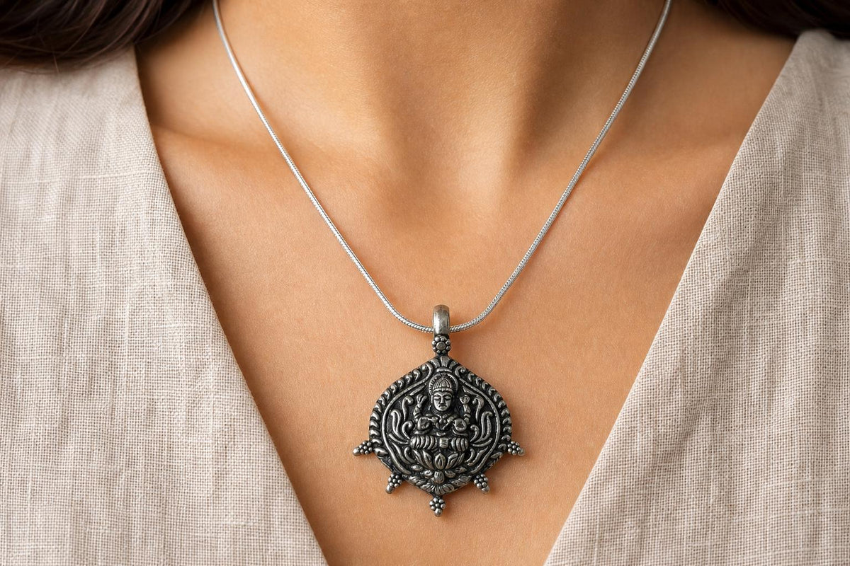 925 Sterling Silver Lakshmi Pendant  Oxidized Vintage Goddess Lakshmi  Hindu Spiritual Jewelry  Lotus Prosperity Amulet  Gift for Her