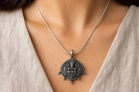 925 Sterling Silver Goddess Lakshmi Pendant • Oxidized Vintage Hindu Jewelry • Lotus Prosperity Spiritual Amulet • Lakshmi Gift for Her
