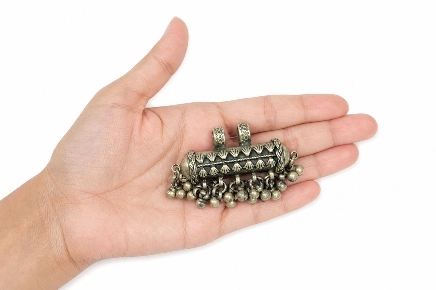 925 Sterling Silver Amulet Pendant  Oxidized Vintage Tribal Barrel Pendant  Large Ethnic Boho Jewelry  Indian Silver Charm  Gift for Her