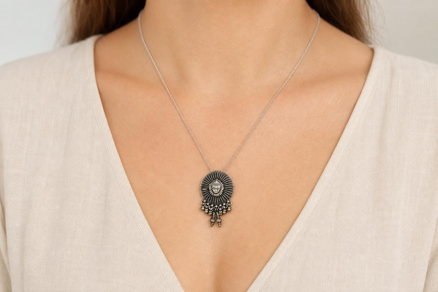 925 Sterling Silver Durga Pendant  Oxidized Vintage Sunburst Goddess Durga  Hindu Spiritual Jewelry  Tribal Devi Pendant  Gift for Mom