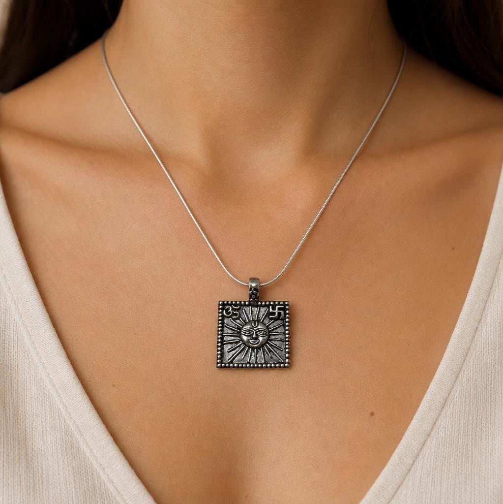 925 Sterling Silver Sun Necklace  Oxidized Vintage Lord Surya Sun Face  Hindu Spiritual Jewelry  Om Celestial Pendant  Spiritual Gift