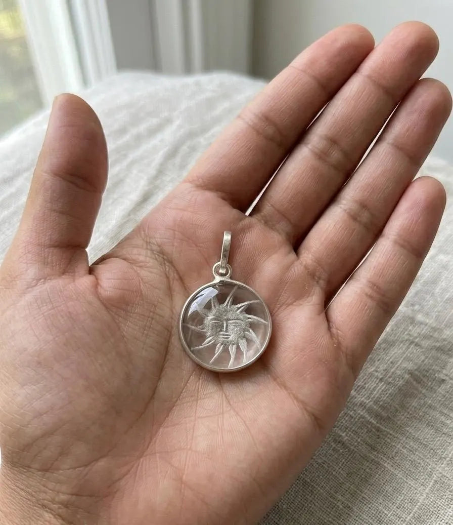 Sun Face Clear Quartz Crystal Pendant Necklace • Celestial Sun Jewelry • Natural Crystal Gift for Men & Women • Indian Jewelry • Hand Carved