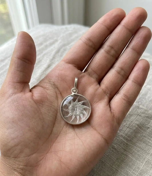 Sun Face Clear Quartz Crystal Pendant Necklace • Celestial Sun Jewelry • Natural Crystal Gift for Men & Women • Indian Jewelry • Hand Carved
