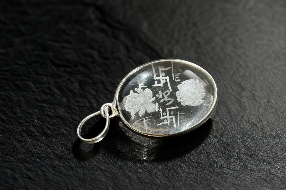 Engraved Sphatik Vastu Pendant  Clear Quartz Vastu Yantra Ganesha  Small Vastu Shastra Om Crystal  Hindu Spiritual Jewelry  Yoga Gift
