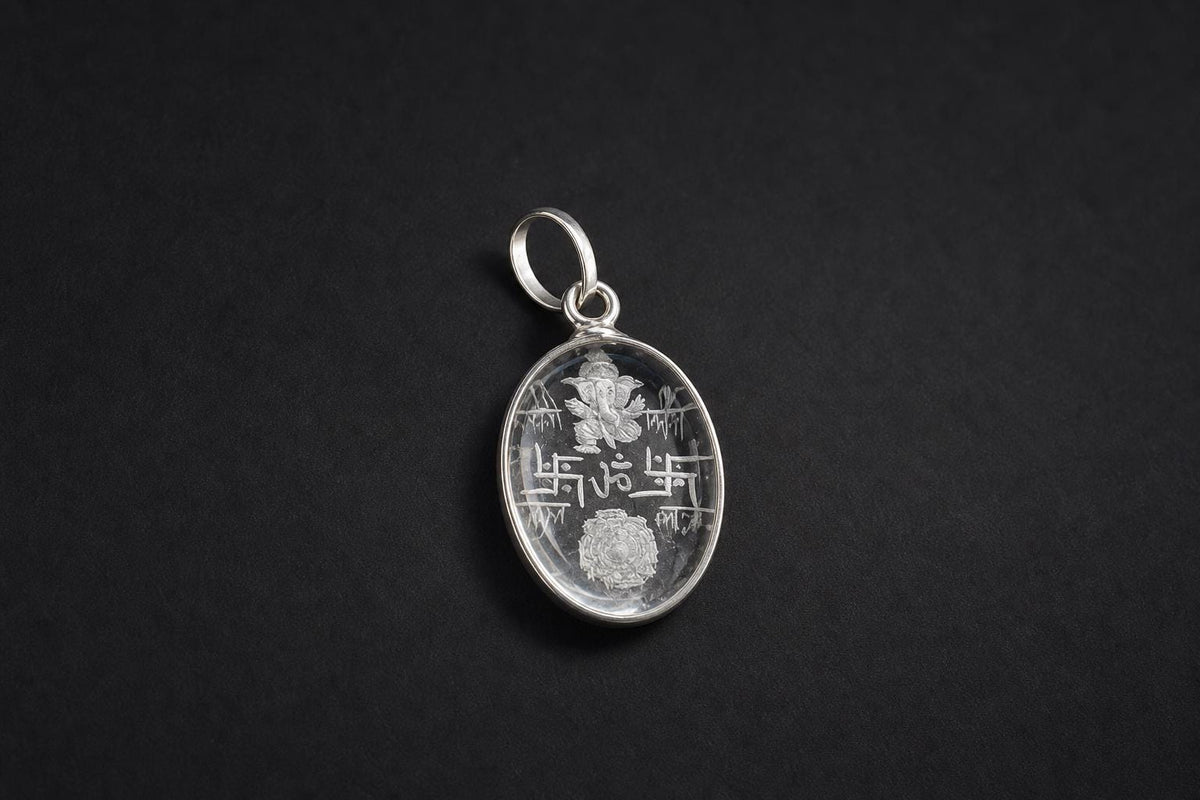 Engraved Sphatik Vastu Pendant  Clear Quartz Vastu Yantra Ganesha  Small Vastu Shastra Om Crystal  Hindu Spiritual Jewelry  Yoga Gift