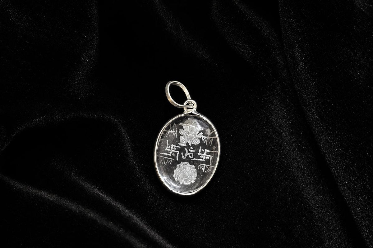 Engraved Sphatik Vastu Pendant  Clear Quartz Vastu Yantra Ganesha  Small Vastu Shastra Om Crystal  Hindu Spiritual Jewelry  Yoga Gift