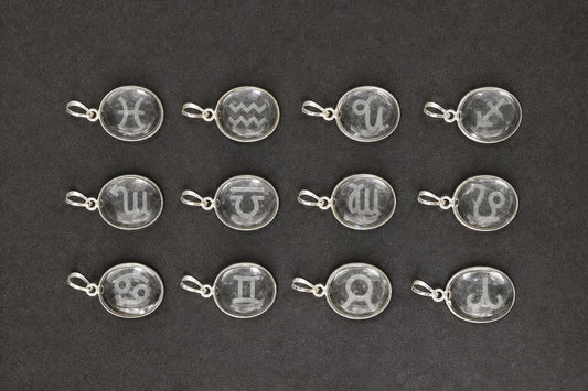 Sphatik Clear Quartz Zodiac Pendant • Engraved Zodiac Sign Crystal Jewelry • Astrology Horoscope Charm • Spiritual Gift for Astrology Lovers