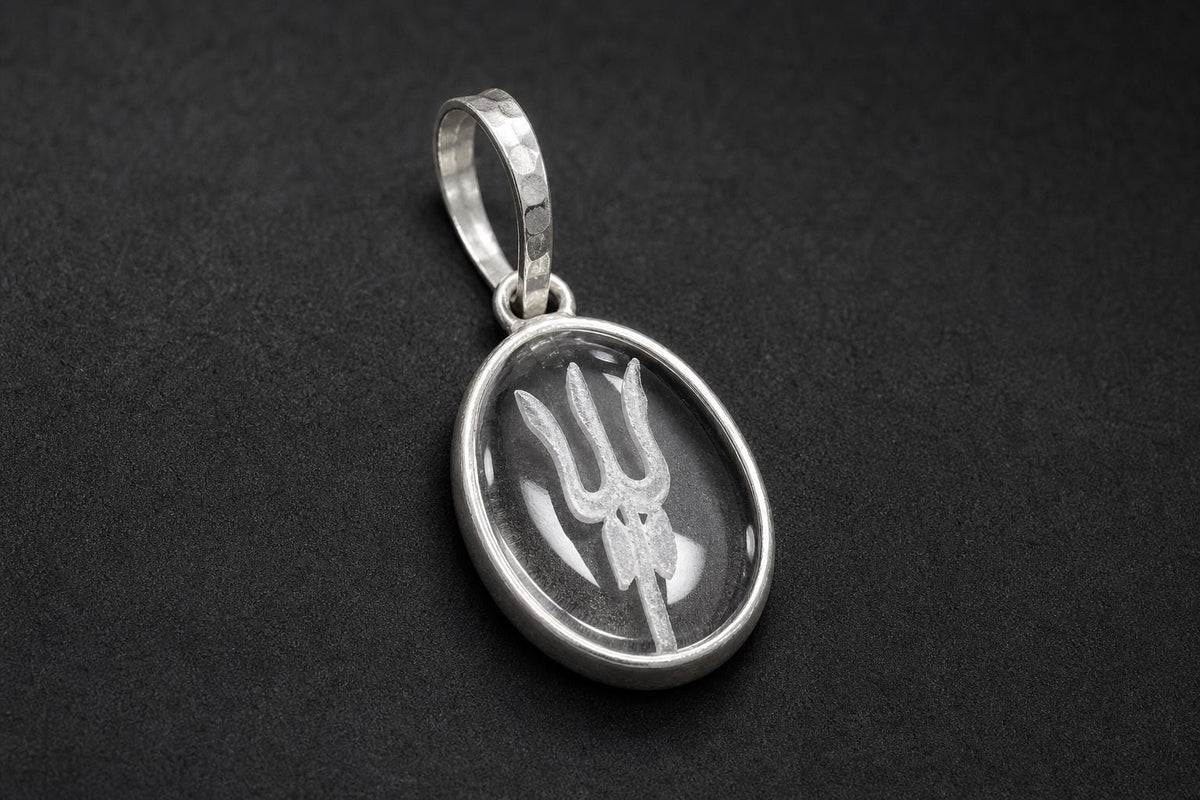 Encarved Sphatik Trishula Pendant  Clear Quartz Shiva Trident Crystal  Lord Shiva Spiritual Jewelry  Hindu Crystal Pendant   Yoga Gift