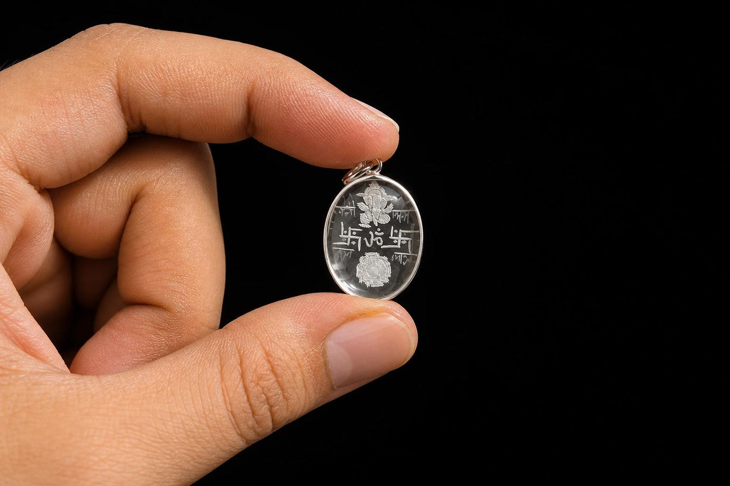Engraved Sphatik Vastu Pendant  Clear Quartz Vastu Yantra Ganesha  Small Vastu Shastra Om Crystal  Hindu Spiritual Jewelry  Yoga Gift