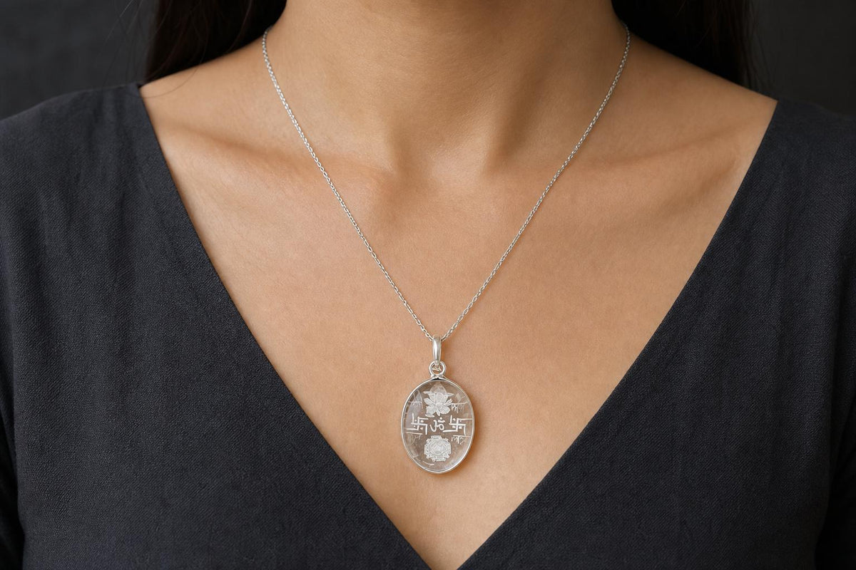 Engraved Sphatik Vastu Pendant  Clear Quartz Vastu Yantra Ganesha  Small Vastu Shastra Om Crystal  Hindu Spiritual Jewelry  Yoga Gift
