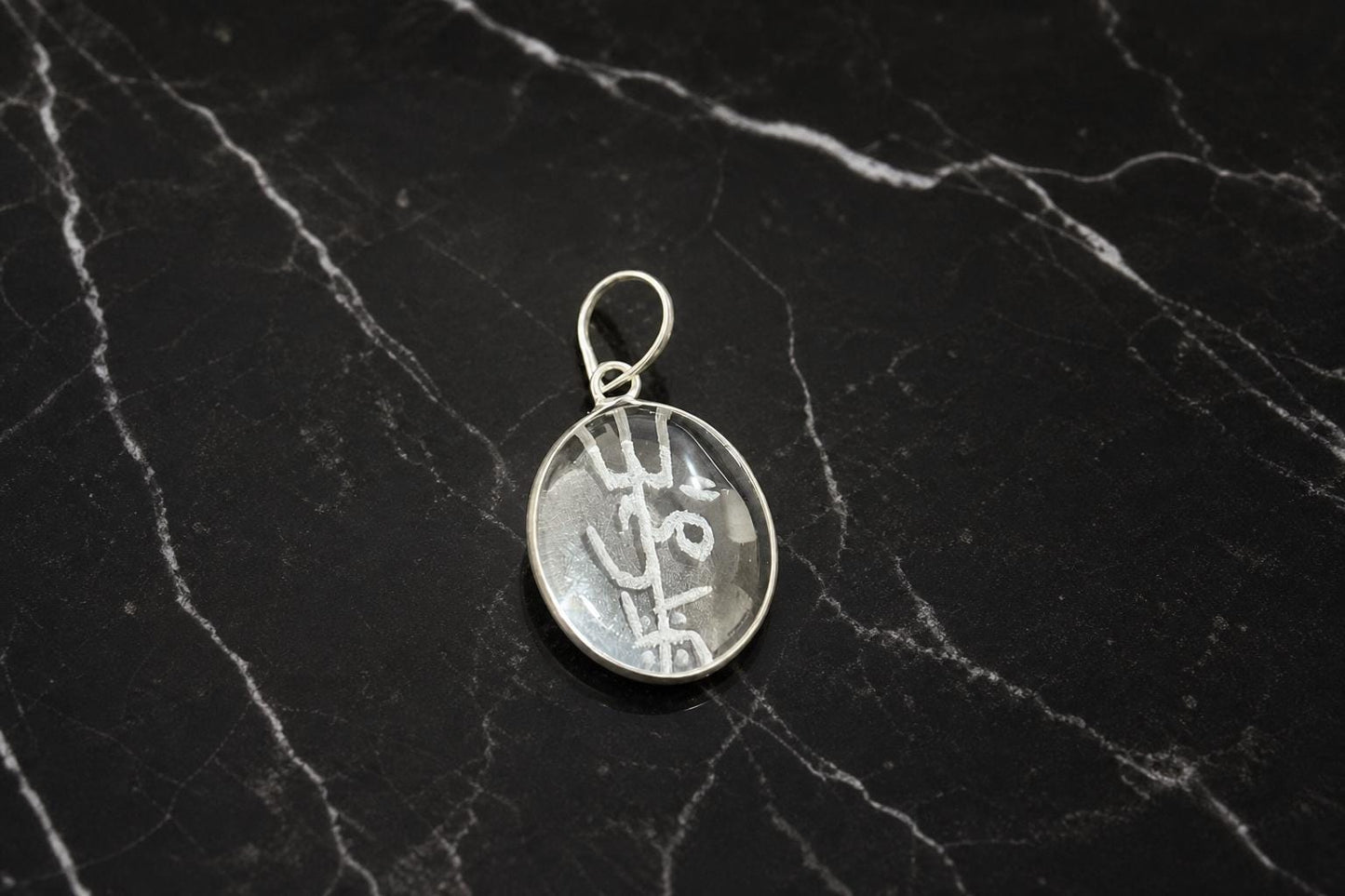 Engraved Sphatik Trishakti Pendant  Clear Quartz Trishula Om Swastik  Shakti Crystal Pendant  Hindu Spiritual Jewelry  Trident Charm