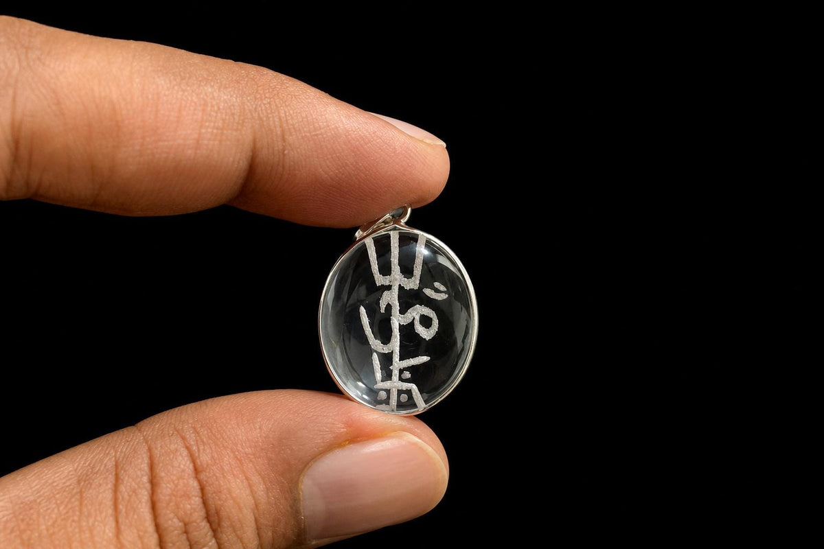 Engraved Sphatik Trishakti Pendant  Clear Quartz Trishula Om Swastik  Shakti Crystal Pendant  Hindu Spiritual Jewelry  Trident Charm