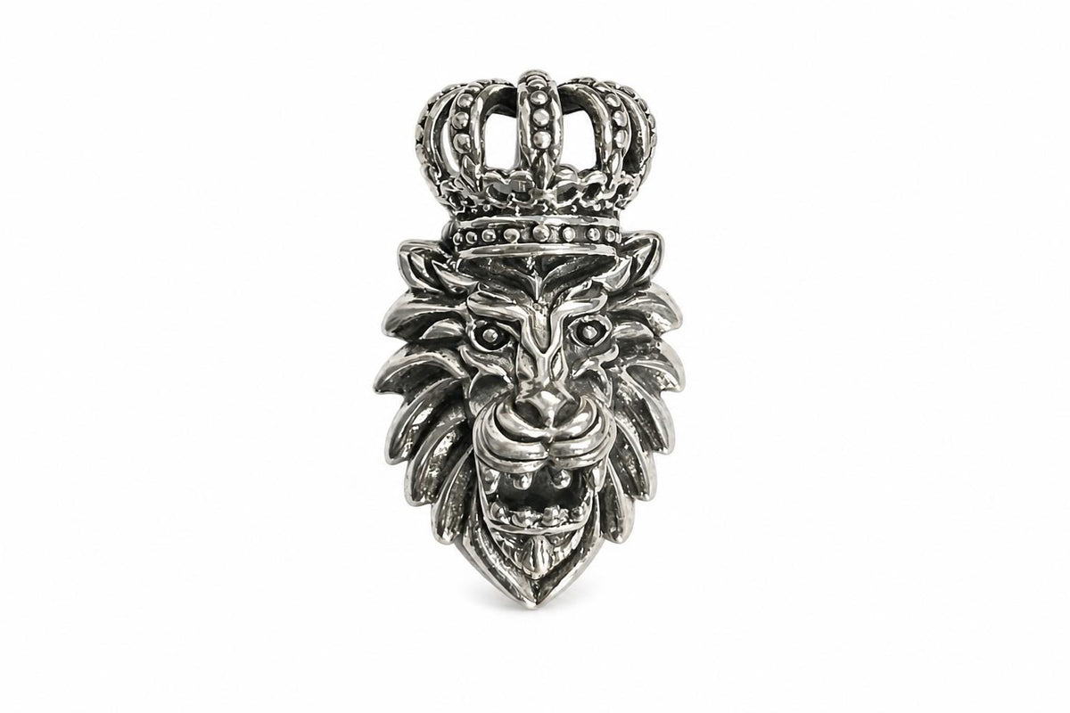 925 Sterling Silver Lion Pendant  Oxidized Vintage Crowned Lion Head  Bold Statement Animal Jewelry Pendant  King Lion  Gift for Him
