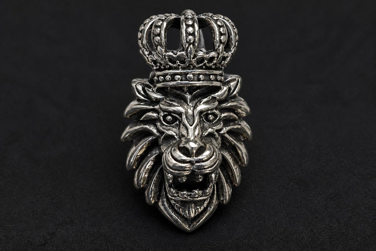 925 Sterling Silver Lion Pendant  Oxidized Vintage Crowned Lion Head  Bold Statement Animal Jewelry Pendant  King Lion  Gift for Him