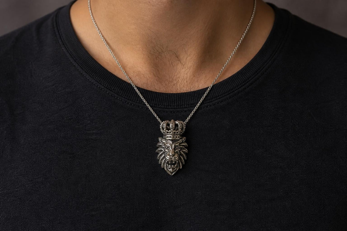 925 Sterling Silver Lion Pendant  Oxidized Vintage Crowned Lion Head  Bold Statement Animal Jewelry Pendant  King Lion  Gift for Him
