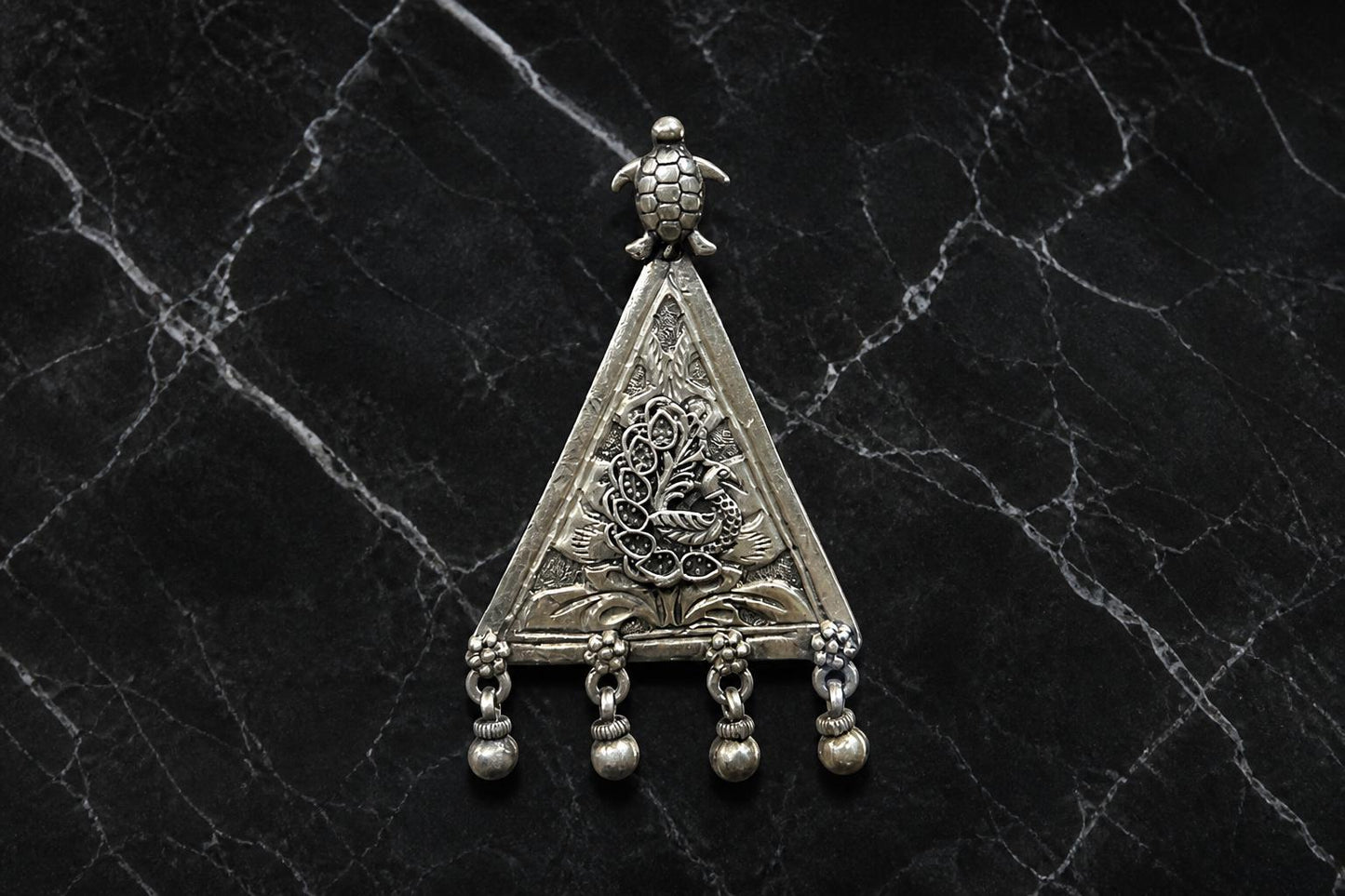 925 Sterling Silver Peacock Pendant  Oxidized Turtle Triangle  Tribal Ethnic Ghungroo Bells Pendant  Boho Jewelry  Gift for Her  SR34