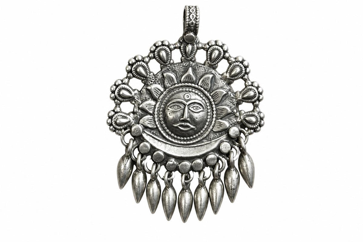 925 Sterling Silver Surya Pendant  Oxidized Sun Tribal Pendant  Hindu Spiritual Jewelry  Celestial Sun Moon Charm  Spiritual Gift  SR35