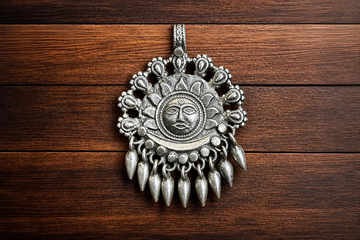 925 Sterling Silver Surya Pendant  Oxidized Sun Tribal Pendant  Hindu Spiritual Jewelry  Celestial Sun Moon Charm  Spiritual Gift  SR35