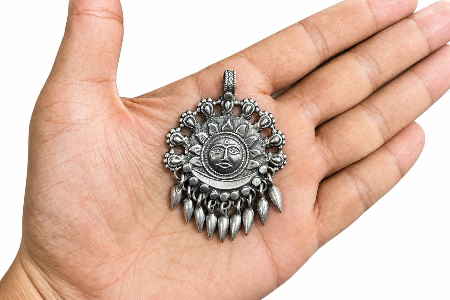 925 Sterling Silver Surya Pendant  Oxidized Sun Tribal Pendant  Hindu Spiritual Jewelry  Celestial Sun Moon Charm  Spiritual Gift  SR35