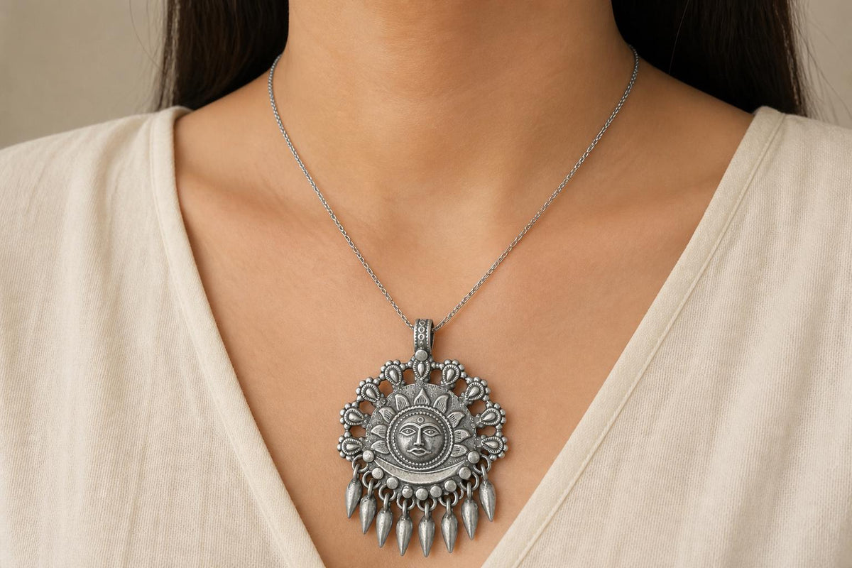 925 Sterling Silver Surya Pendant  Oxidized Sun Tribal Pendant  Hindu Spiritual Jewelry  Celestial Sun Moon Charm  Spiritual Gift  SR35