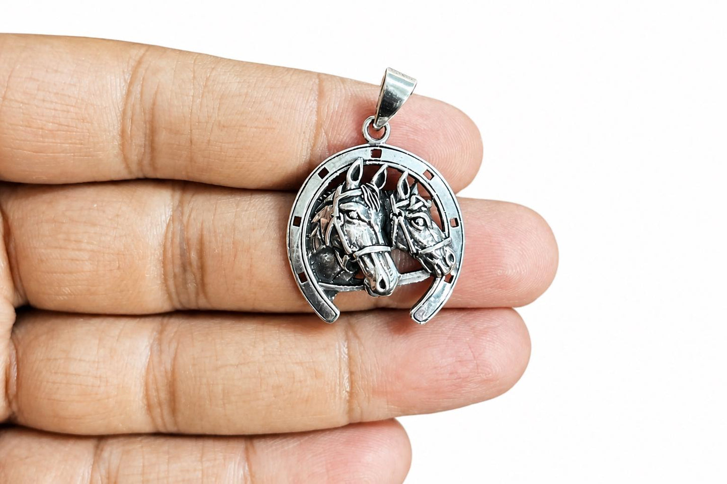 925 Sterling Silver Horseshoe Pendant  Oxidized Double Horse Head Charm  Equestrian Western Jewelry  Lucky Horseshoe  Gift for Her