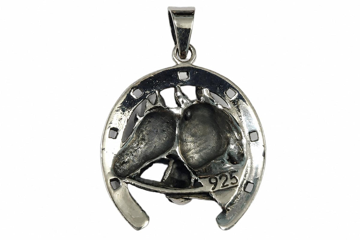 925 Sterling Silver Horseshoe Pendant  Oxidized Double Horse Head Charm  Equestrian Western Jewelry  Lucky Horseshoe  Gift for Her