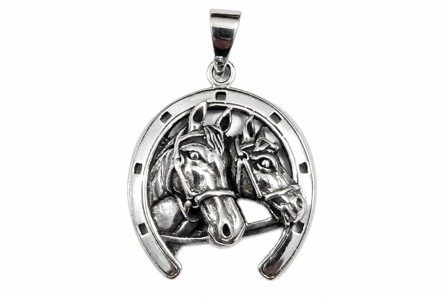 925 Sterling Silver Horseshoe Pendant  Oxidized Double Horse Head Charm  Equestrian Western Jewelry  Lucky Horseshoe  Gift for Her