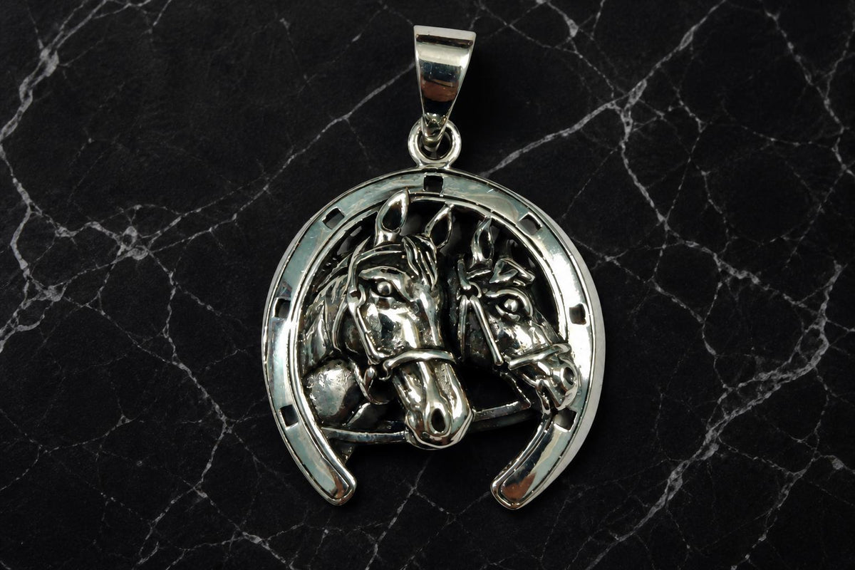 925 Sterling Silver Horseshoe Pendant  Oxidized Double Horse Head Charm  Equestrian Western Jewelry  Lucky Horseshoe  Gift for Her