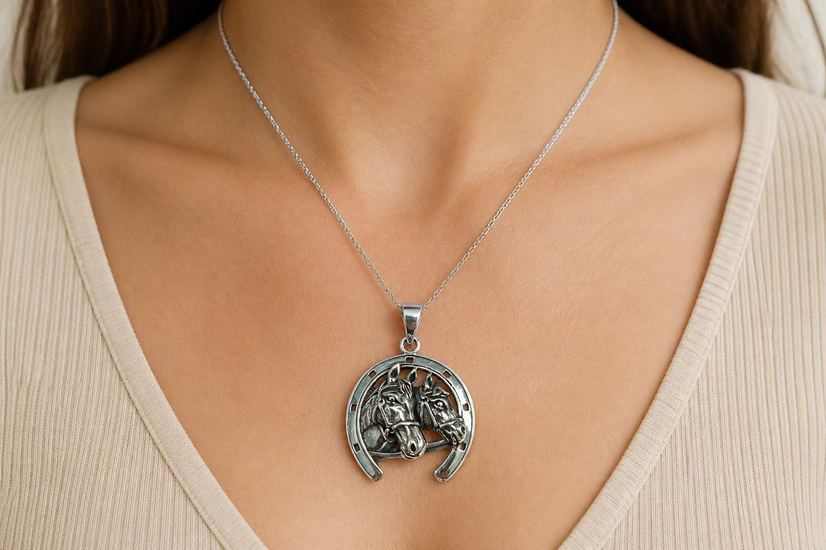 925 Sterling Silver Horseshoe Pendant  Oxidized Double Horse Head Charm  Equestrian Western Jewelry  Lucky Horseshoe  Gift for Her