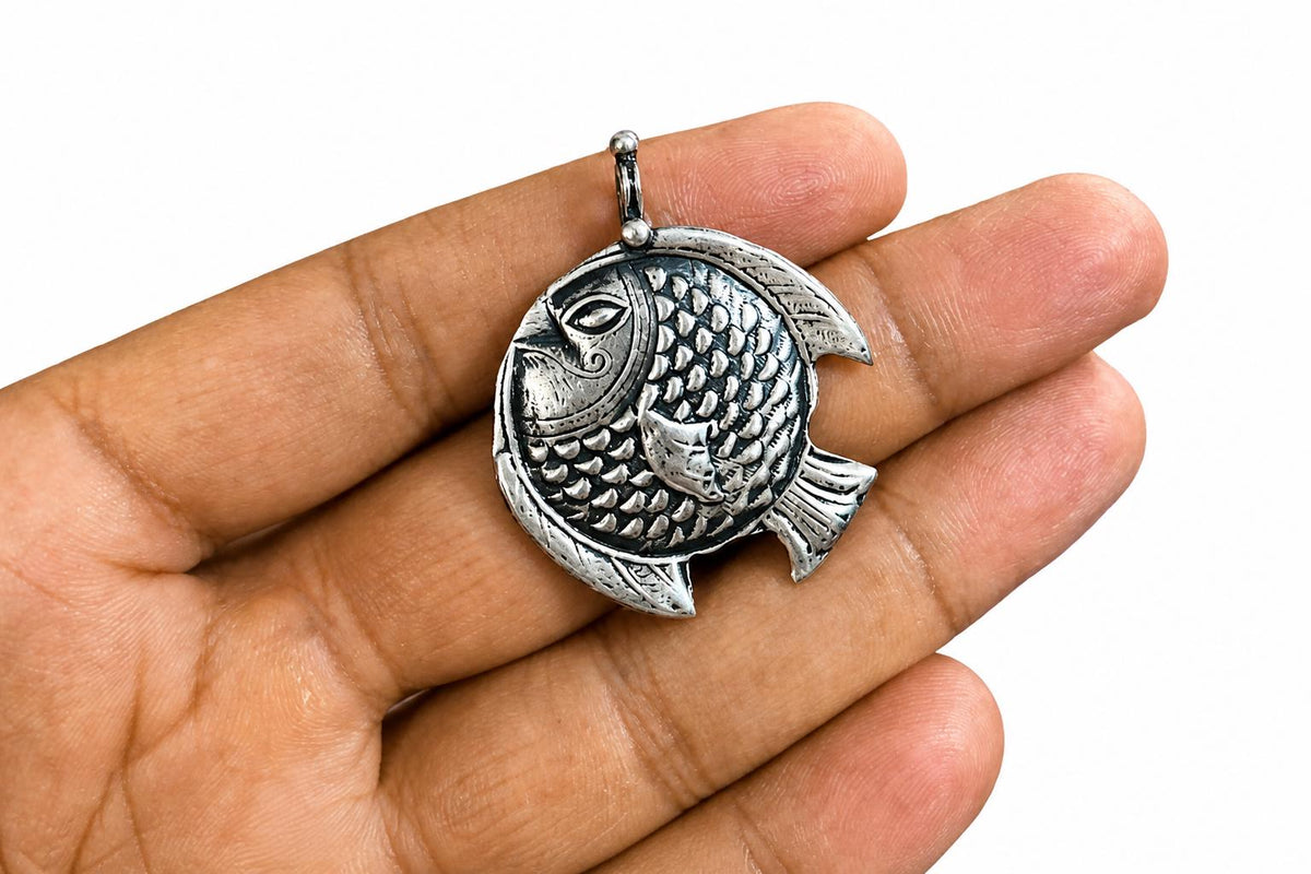 925 Sterling Silver Fish Pendant  Oxidized Vintage Tribal Fish Charm  Ethnic Boho Statement Pendant  Handcrafted Silver  Gift for Her