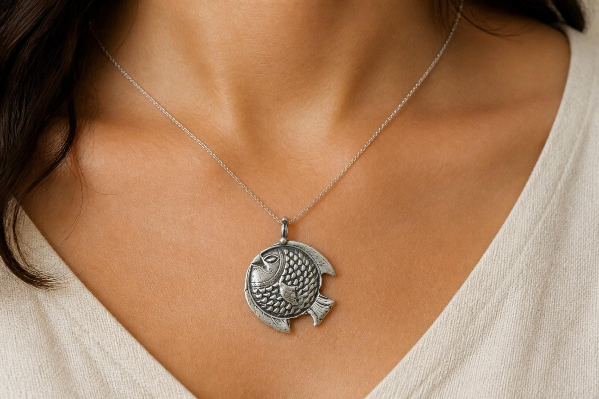 925 Sterling Silver Fish Pendant  Oxidized Vintage Tribal Fish Charm  Ethnic Boho Statement Pendant  Handcrafted Silver  Gift for Her