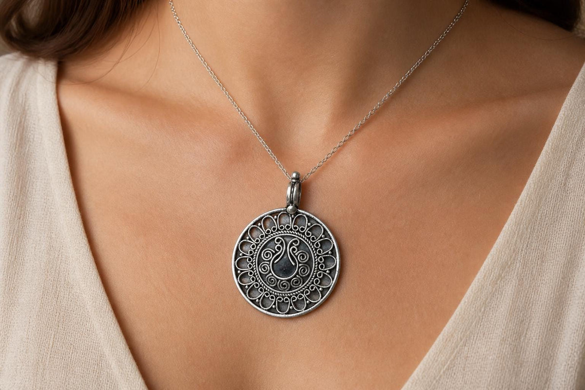 925 Sterling Silver Filigree Pendant  Oxidized Tribal Coin Charm  Ethnic Boho Statement Pendant  Granulated Silver  Gift for Her  (SR20)