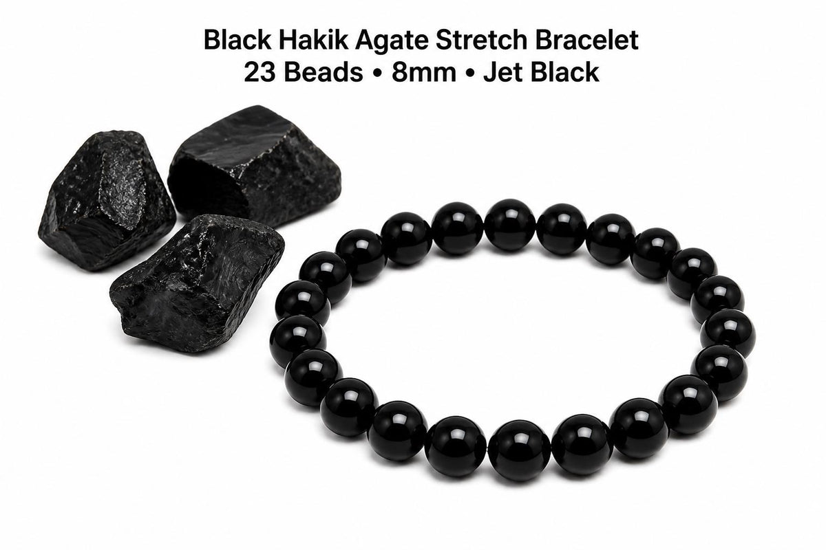 Black Hakik Bracelet, Natural Black Agate Gemstone Bead Bracelet, 8mm Stretch Bead Bracelet, Meditation Spiritual Gift Men Women
