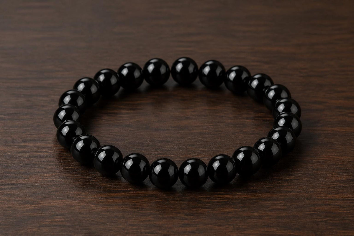 Black Hakik Bracelet, Natural Black Agate Gemstone Bead Bracelet, 8mm Stretch Bead Bracelet, Meditation Spiritual Gift Men Women