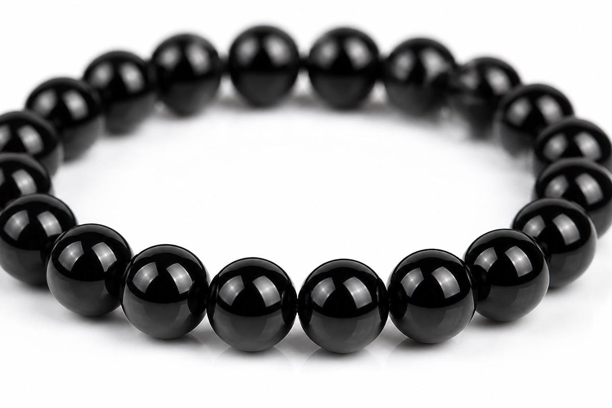 Black Hakik Bracelet, Natural Black Agate Gemstone Bead Bracelet, 8mm Stretch Bead Bracelet, Meditation Spiritual Gift Men Women