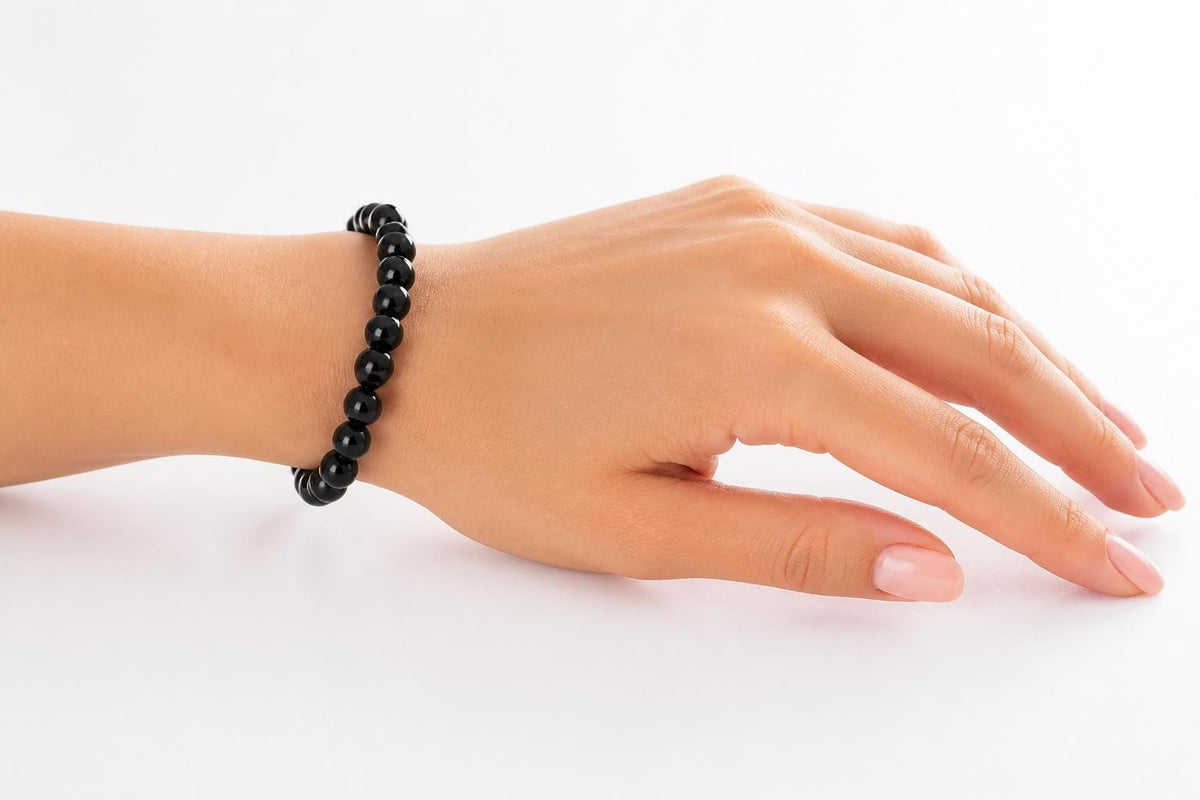Black Hakik Bracelet, Natural Black Agate Gemstone Bead Bracelet, 8mm Stretch Bead Bracelet, Meditation Spiritual Gift Men Women