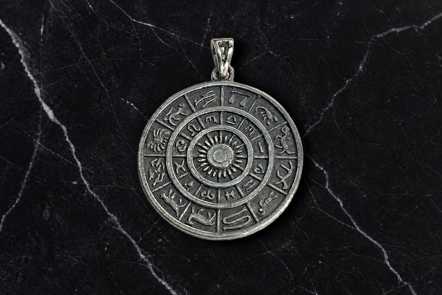 925 Sterling Silver Zodiac Wheel Pendant  Oxidized Astrology Zodiac Charm  Zodiac Sign Circle Pendant  Spiritual Jewelry  Spiritual Gift