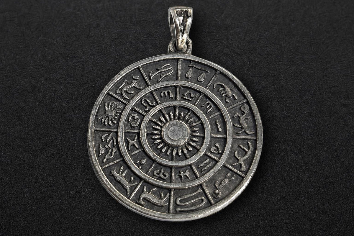 925 Sterling Silver Zodiac Wheel Pendant  Oxidized Astrology Zodiac Charm  Zodiac Sign Circle Pendant  Spiritual Jewelry  Spiritual Gift